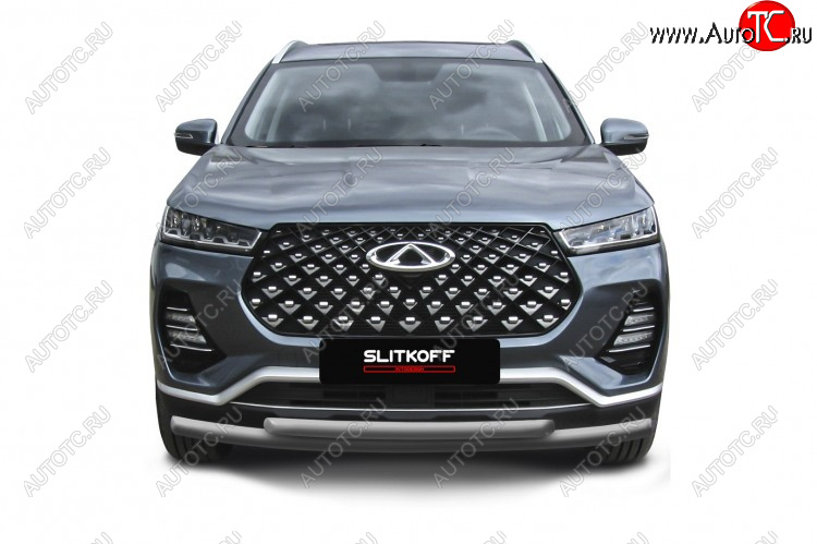 10 949 р. Защита переднего бампера Slitkoff (Ø 57+Ø 42 мм). Chery Tiggo 7 PRO (2019-2024) (Цвет: серебристый)  с доставкой в г. Набережные‑Челны