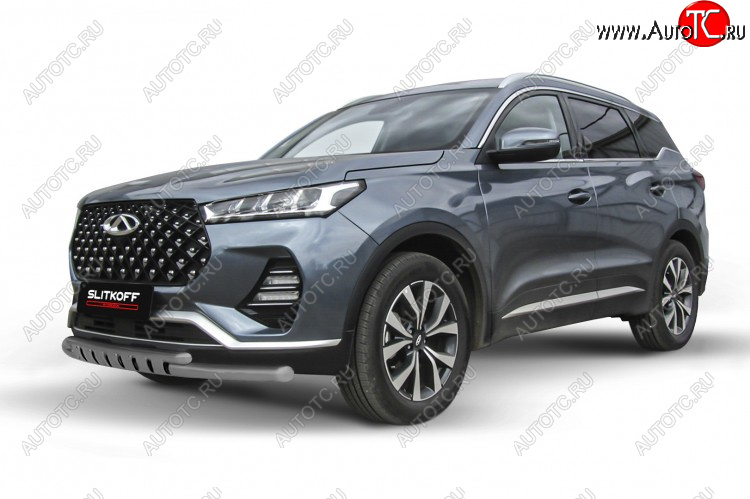 13 399 р. Защита переднего бампера Slitkoff (Ø 57+Ø 42 мм). Chery Tiggo 7 PRO (2019-2024) (Цвет: серебристый)  с доставкой в г. Набережные‑Челны