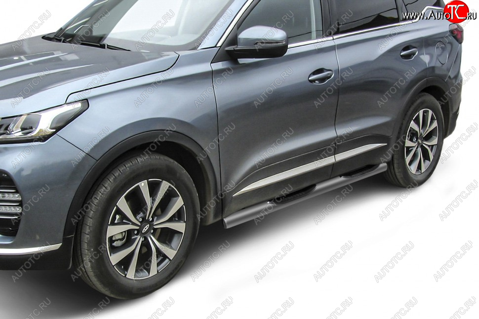 13 899 р. Защита порогов Slitkoff (Ø 76 мм, с проступями) Chery Tiggo 7 PRO (2019-2024) (Цвет: серебристый)  с доставкой в г. Набережные‑Челны