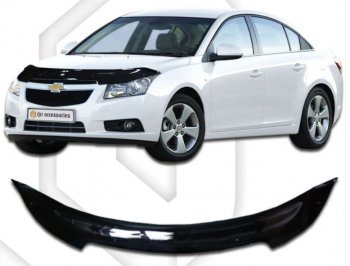 2 079 р. Дефлектор капота CA-Plastic  Chevrolet Cruze ( J300,  D2LC) (2009-2018) седан дорестайлинг, седан рестайлинг, седан дорестайлинг (серия Classic черный, Без надписи)  с доставкой в г. Набережные‑Челны. Увеличить фотографию 2