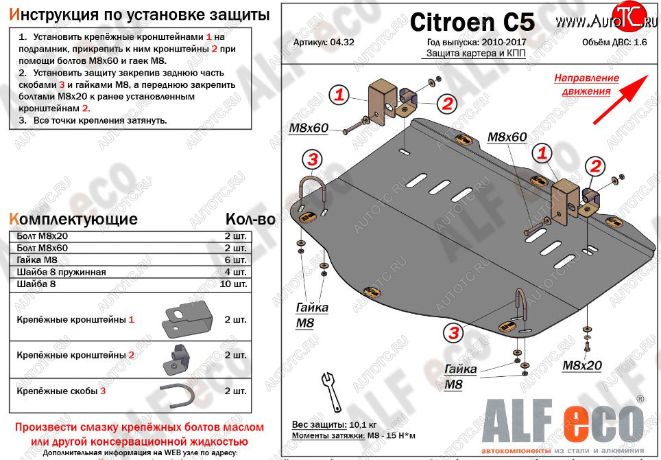 4 999 р. Защита картера двигателя и КПП (V-1,6MT) Alfeco CITROEN C5 RW доресталийнг, универсал (2008-2017) (Сталь 2 мм)  с доставкой в г. Набережные‑Челны