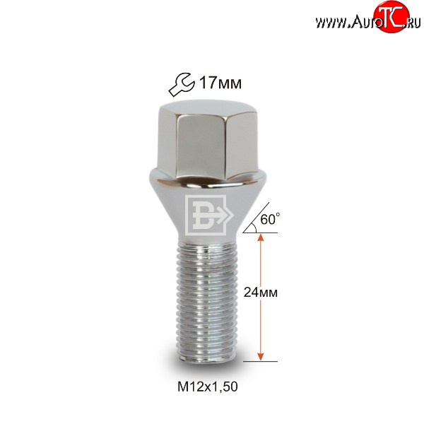 112 р. Колёсный болт длиной 24 мм Вектор M12 1.5 24 под гаечный ключ (пос.место: конус) Chery M11 A3 седан (2010-2016)