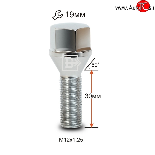 112 р. Колёсный болт длиной 30 мм Вектор M12 1.25 30 под гаечный ключ (пос.место: конус) CITROEN C2 (2003-2009)