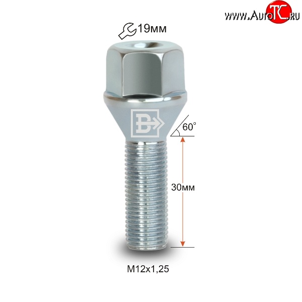 60 р. Колёсный болт длиной 30 мм Вектор M12 1.25 30 под гаечный ключ Peugeot 1007 (2004-2009)