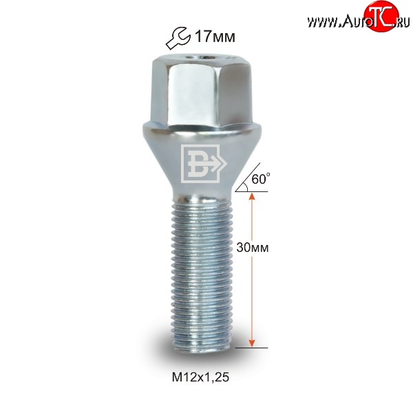 52 р. Колёсный болт длиной 30 мм Вектор M12 1.25 30 под гаечный ключ Subaru Trezia (2010-2016)