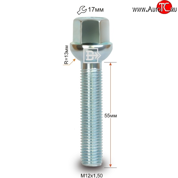 195 р. Колёсный болт длиной 55 мм Вектор M12 1.5 55 под гаечный ключ    с доставкой в г. Набережные‑Челны