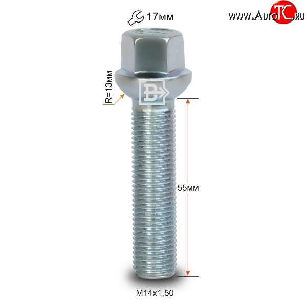 178 р. Колёсный болт длиной 55 мм Вектор M14 1.5 55 под гаечный ключ    с доставкой в г. Набережные‑Челны