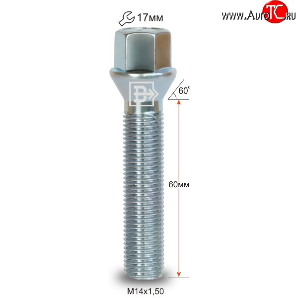 178 р. Колёсный болт длиной 60 мм Вектор M14 1.5 60 под гаечный ключ    с доставкой в г. Набережные‑Челны