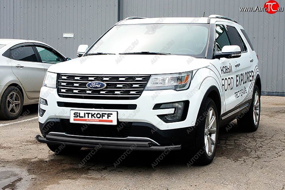 12 999 р. Защита переднего бампера Slitkoff (двойная, d57/57 мм)  Ford Explorer  U502 (2015-2018) 1-ый рестайлинг, 5 дв. (Сталь с полимерным покрытием. Цвет: чёрный)  с доставкой в г. Набережные‑Челны