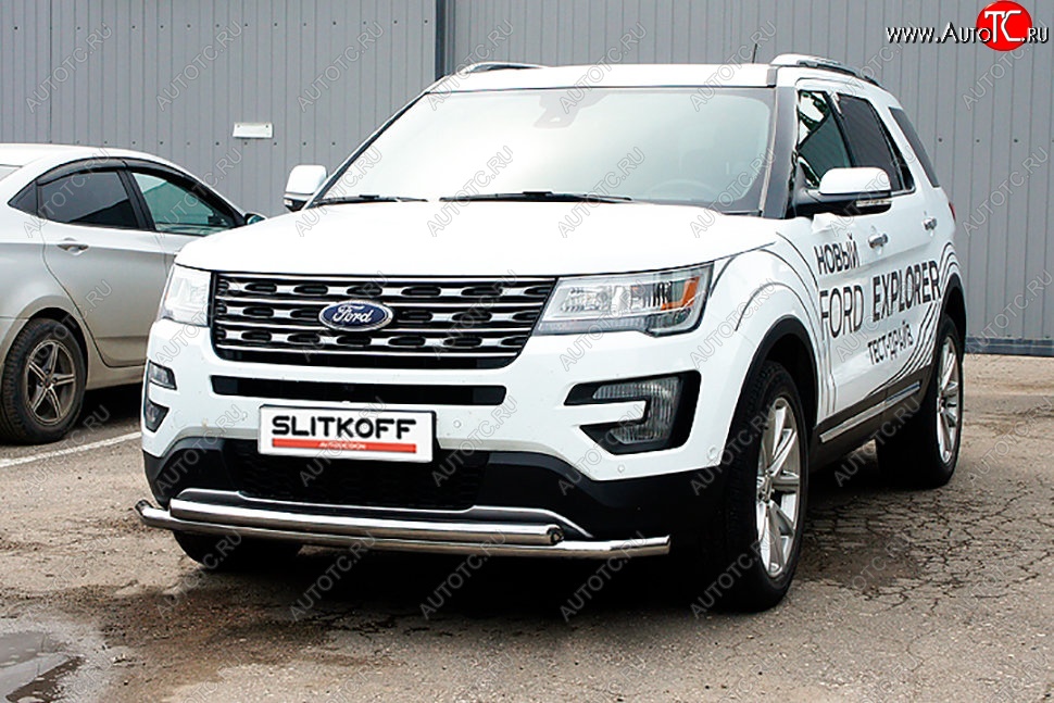 18 749 р. Защита переднего бампера Slitkoff (двойная, d57/57 мм)  Ford Explorer  U502 (2015-2018) 1-ый рестайлинг, 5 дв. (Нержавейка, Полированная)  с доставкой в г. Набережные‑Челны