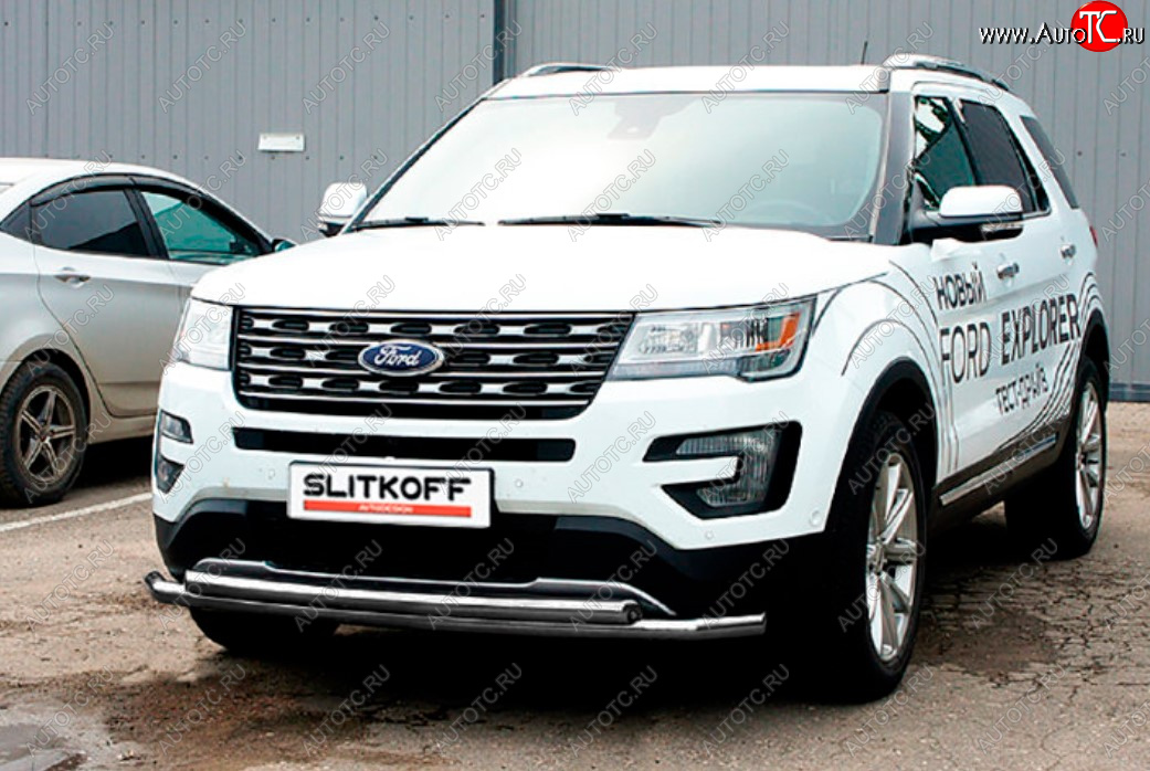 12 999 р. Защита переднего бампера Slitkoff (двойная, Ø57/57 мм)  Ford Explorer  U502 (2015-2018) 1-ый рестайлинг, 5 дв. (Цвет: серебристый)  с доставкой в г. Набережные‑Челны