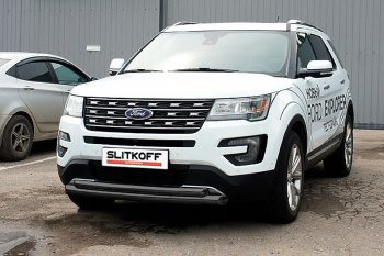 13 599 р. Защита переднего бампера Slitkoff (двойная, d76/57 мм)  Ford Explorer  U502 (2017-2019) 2-ой рестайлинг, 5 дв. (Сталь с полимерным покрытием. Цвет: чёрный)  с доставкой в г. Набережные‑Челны. Увеличить фотографию 1