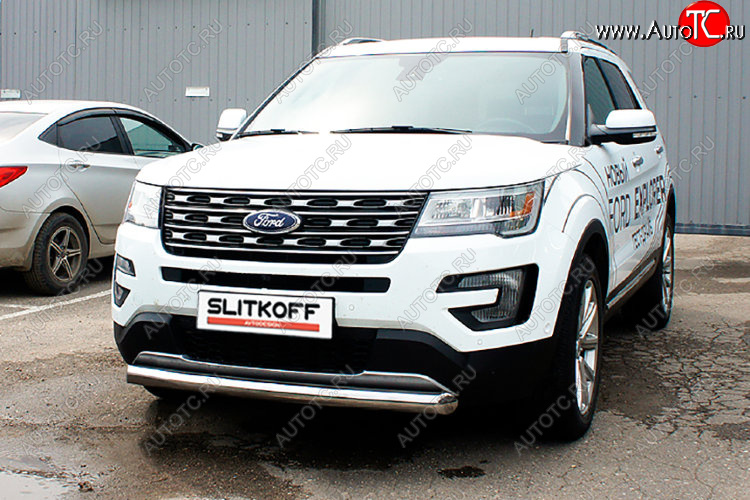 12 999 р. Защита переднего бампера Slitkoff (Ø 76 мм) Ford Explorer U502 2-ой рестайлинг, 5 дв. (2017-2019) (Цвет: серебристый)  с доставкой в г. Набережные‑Челны