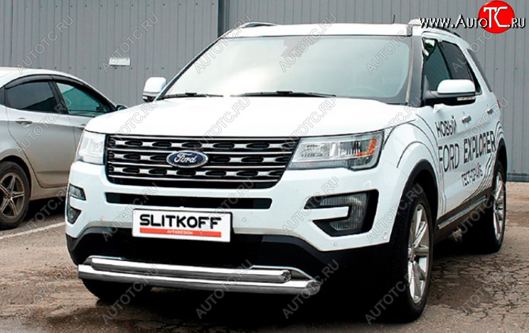 14 999 р. Защита переднего бампера Slitkoff (Ø 76+Ø 57, двойная).  Ford Explorer  U502 (2017-2019) 2-ой рестайлинг, 5 дв. (Сталь с полимерным покрытием. Цвет: серебристый)  с доставкой в г. Набережные‑Челны