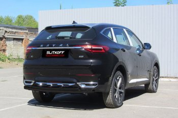 Защита заднего бампера (d57+d42) Slitkoff Haval (Хавал) F7x (ф7икс) (2019-2022)  дорестайлинг  (Цвет: черный)