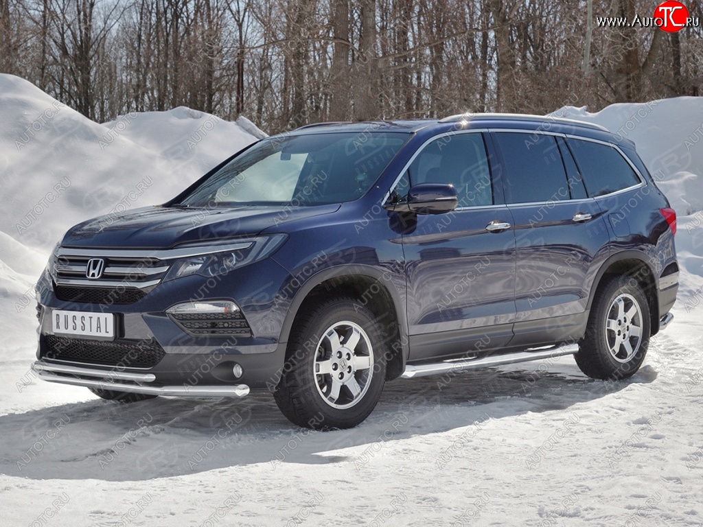 23 999 р. Защита переднего бампера (2 трубы Ø63 и 42 мм, нержавейка) SLITKOFF Honda Pilot YF6 дорестайлинг (2016-2019)  с доставкой в г. Набережные‑Челны