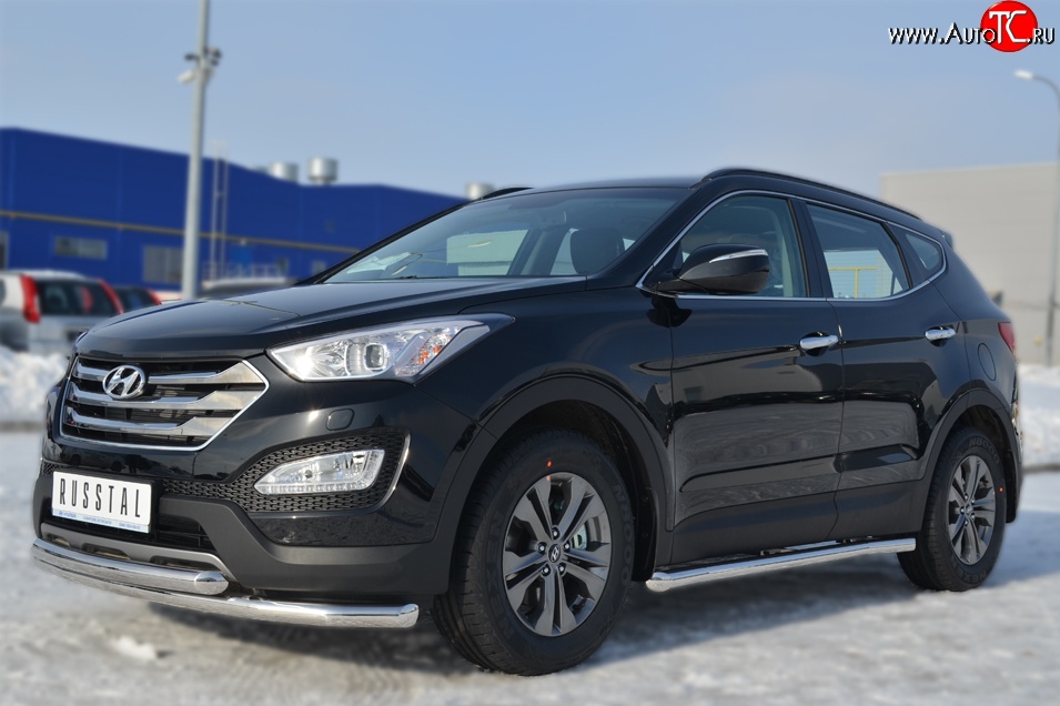 14 849 р. Защита порогов из круглой трубы диаметром 63 мм Russtal  Hyundai Santa Fe  DM (2012-2016) дорестайлинг (Защита порогов с со скосами на торцах (вариант 1))  с доставкой в г. Набережные‑Челны