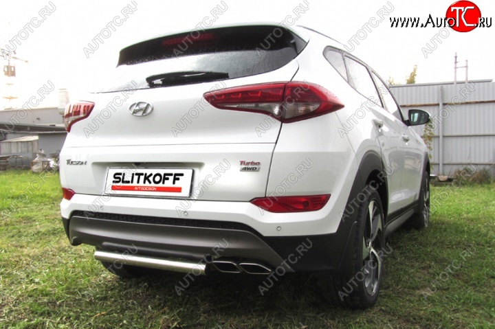 7 999 р. Защита заднего бампера из короткой трубы диаметром 57 мм Slitkoff Hyundai Tucson TL дорестайлинг (2015-2018) (Нержавейка, Полированная)  с доставкой в г. Набережные‑Челны