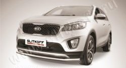 12 999 р. Защита переднего бампера из изогнутой трубы диаметром 57 мм Slitkoff  KIA Sorento  UM/Prime (2014-2018) дорестайлинг (Нержавейка, Полированная)  с доставкой в г. Набережные‑Челны. Увеличить фотографию 1