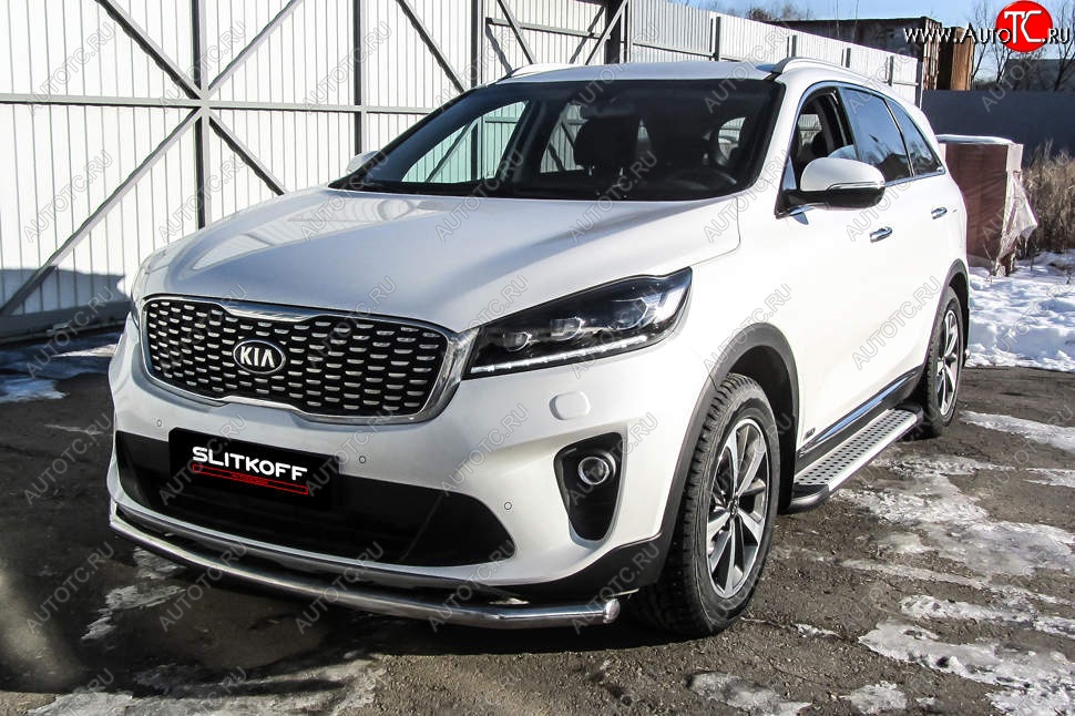 14 449 р. Защита переднего бампера Slitkoff (двойная, d57/42)  KIA Sorento  UM/Prime (2018-2020) рестайлинг (Нержавейка, Полированная)  с доставкой в г. Набережные‑Челны