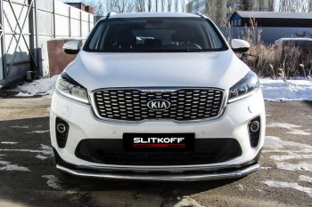 14 449 р. Защита переднего бампера Slitkoff (двойная, d57/42)  KIA Sorento  UM/Prime (2018-2020) рестайлинг (Нержавейка, Полированная)  с доставкой в г. Набережные‑Челны. Увеличить фотографию 2