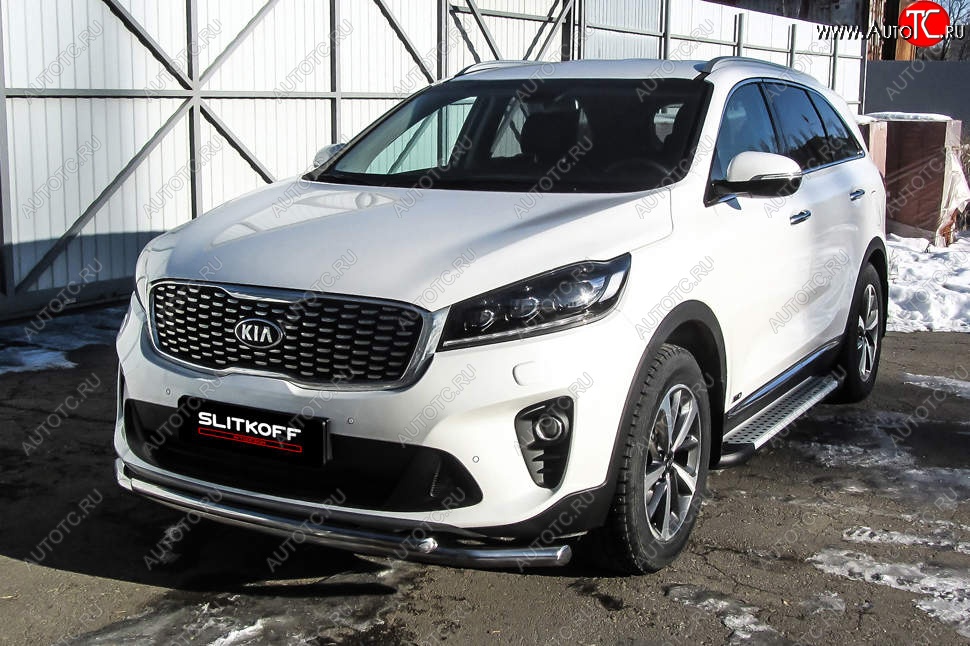 15 299 р. Защита переднего бампера Slitkoff (двойная, d57/42)  KIA Sorento  UM/Prime (2018-2020) рестайлинг (Нержавейка, Полированная)  с доставкой в г. Набережные‑Челны