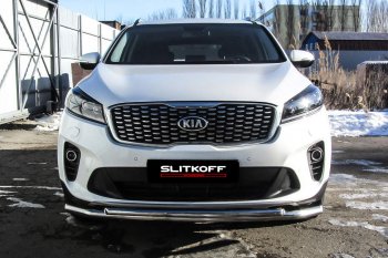 15 299 р. Защита переднего бампера Slitkoff (двойная, d57/42)  KIA Sorento  UM/Prime (2018-2020) рестайлинг (Нержавейка, Полированная)  с доставкой в г. Набережные‑Челны. Увеличить фотографию 2