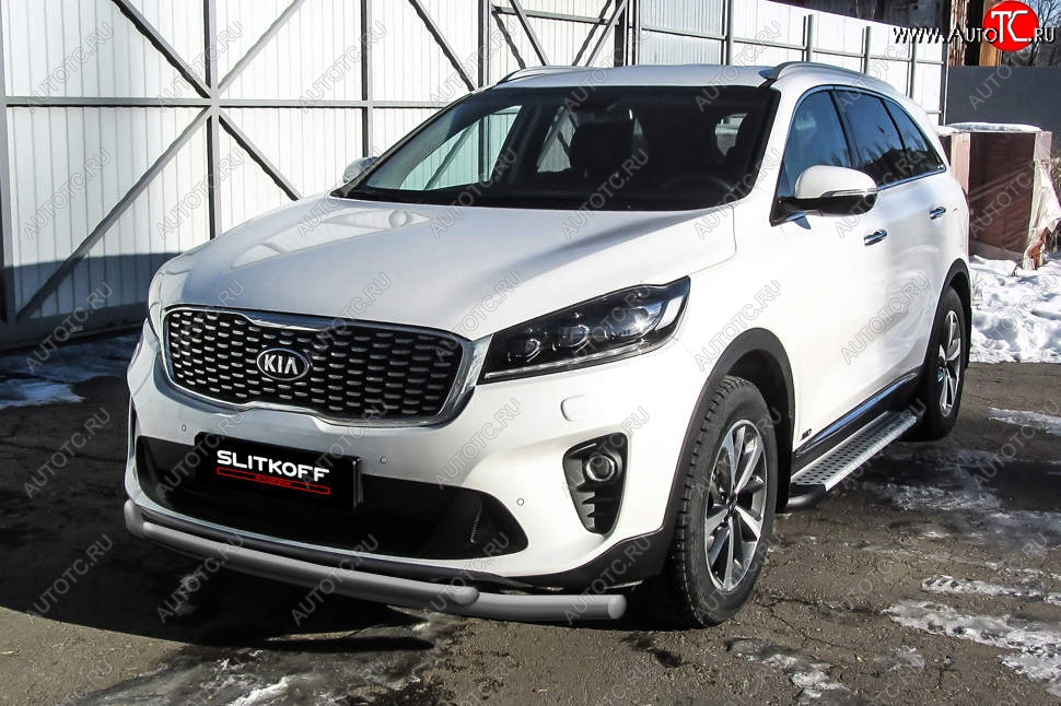 10 499 р. Защита переднего бампера Slitkoff (двойная, d57/42)  KIA Sorento  UM/Prime (2018-2020) рестайлинг (Сталь с полимерным покрытием. Цвет: серебристый)  с доставкой в г. Набережные‑Челны