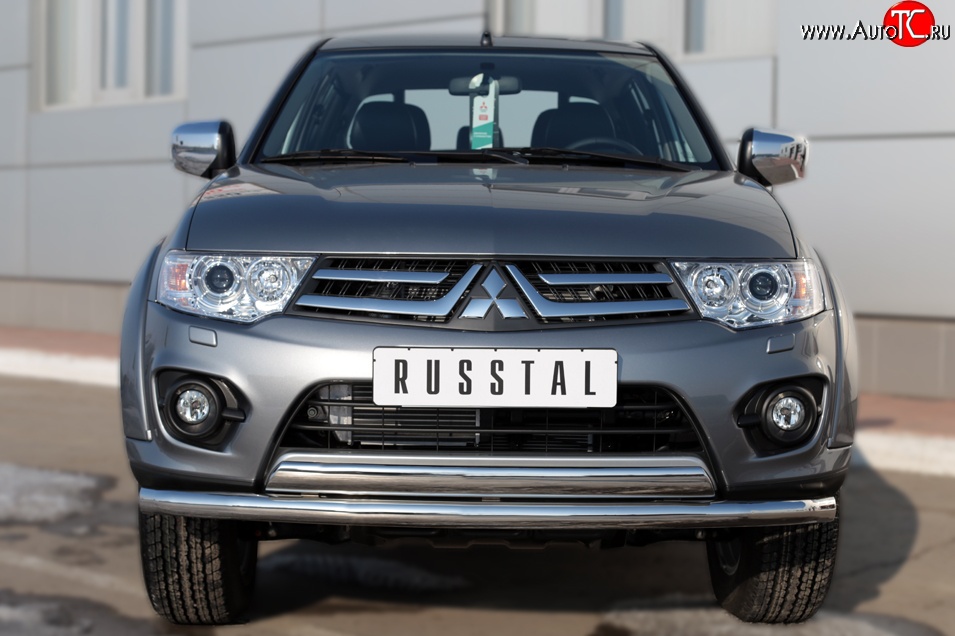 22 949 р. Защита переднего бампера (2 трубы Ø63 и 75х42 мм, нержавейка) Russtal Mitsubishi L200 5 KK,KL дорестайлинг (2015-2019)  с доставкой в г. Набережные‑Челны