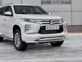 Защита переднего бампера (2 трубы Ø63 и 75х42 мм, нержавейка) SLITKOFF Mitsubishi (Митсубиси) Pajero Sport (Паджеро)  QF (2019-2022) QF рестайлинг