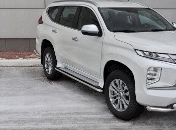 Защита порогов на SLITKOFF (Ø42 мм) Mitsubishi Pajero Sport QF рестайлинг (2019-2022)  (полированная нержавейка)