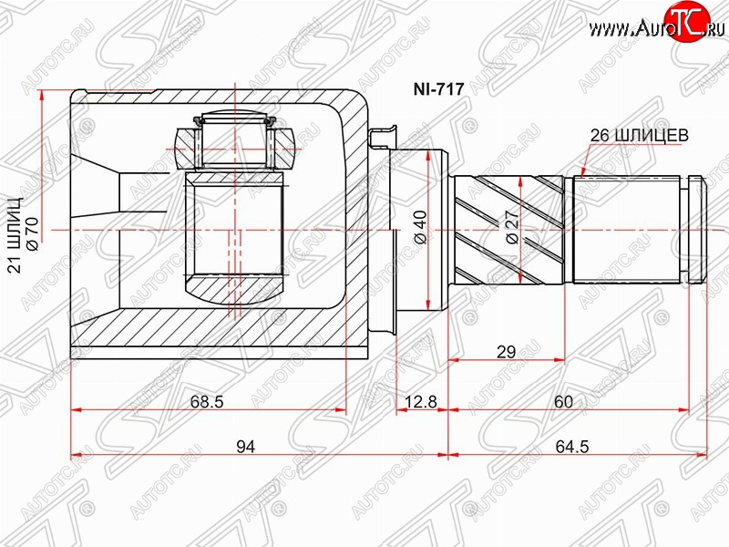 3 299 р. Шрус (внутренний/правый) SAT (21*26*40 мм)  Nissan Note  1 (2004-2013) E11 дорестайлинг, E11 рестайлинг  с доставкой в г. Набережные‑Челны