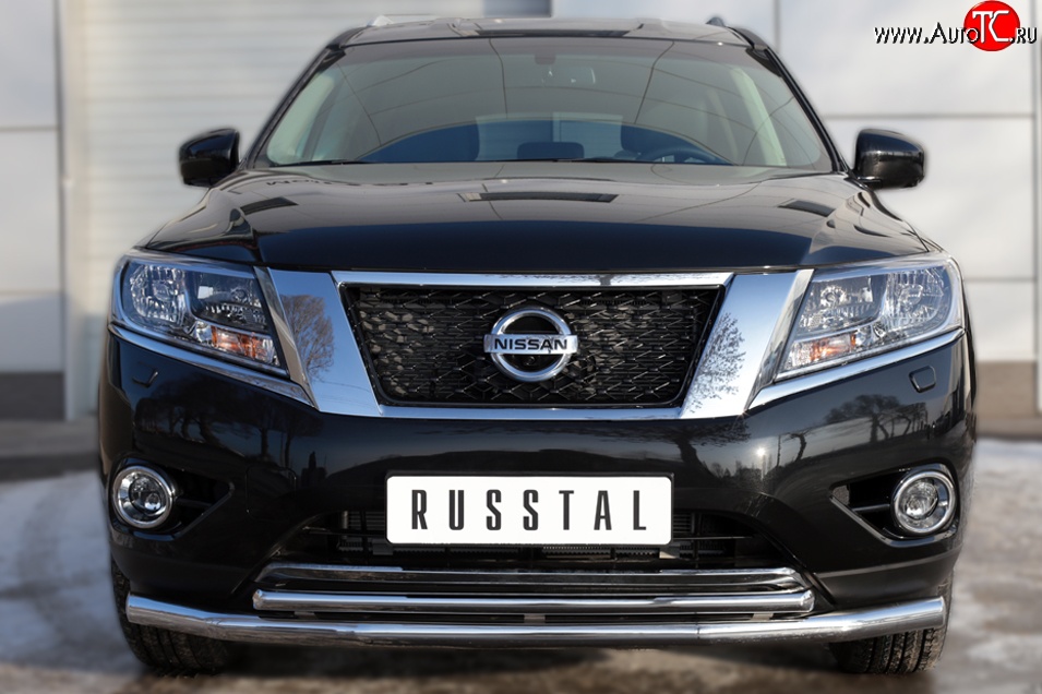 14 499 р. Защита переднего бампера (2 трубыØ63 и 42 мм, нержавейка) SLITKOFF Nissan Pathfinder R52 дорестайлинг (2012-2017)  с доставкой в г. Набережные‑Челны