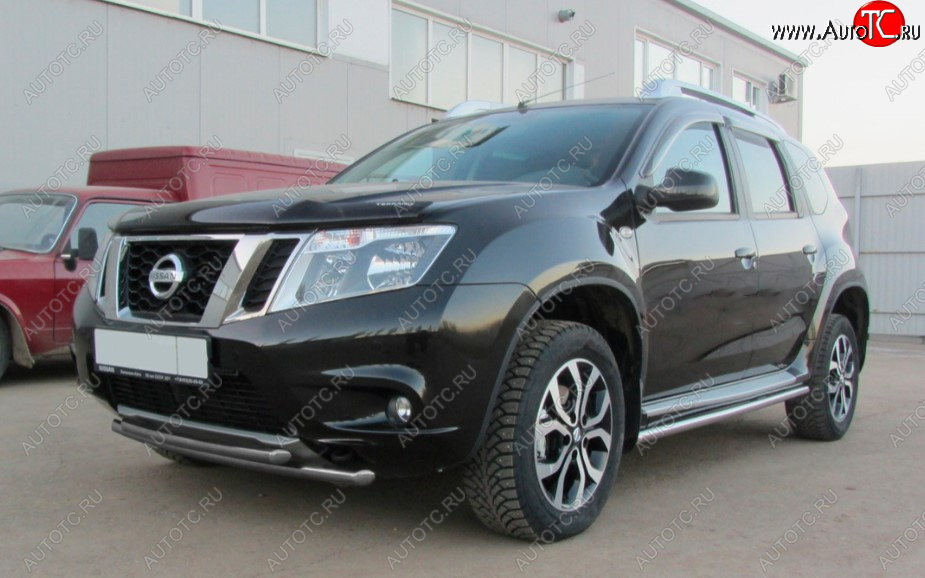 7 299 р. Защита переднего бампера Slitkoff (Ø 42+Ø 42, двойная).  Nissan Terrano  D10 (2013-2016) дорестайлинг (Сталь с полимерным покрытием. Цвет: серебристый)  с доставкой в г. Набережные‑Челны