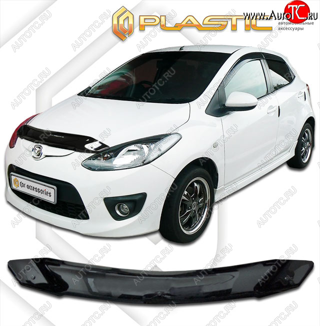 1 839 р. Дефлектор капота CA-Plastic  Mazda 2/Demio  DE (2007-2014) дорестайлинг, рестайлинг (classic черный, без надписи)  с доставкой в г. Набережные‑Челны