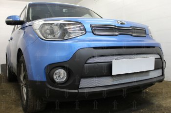 4 799 р. Защитная сетка в бампер (2 части, ячейка 3х7 мм) Alfeco Стандарт KIA Soul PS рестайлинг (2017-2019) (Хром)  с доставкой в г. Набережные‑Челны. Увеличить фотографию 2