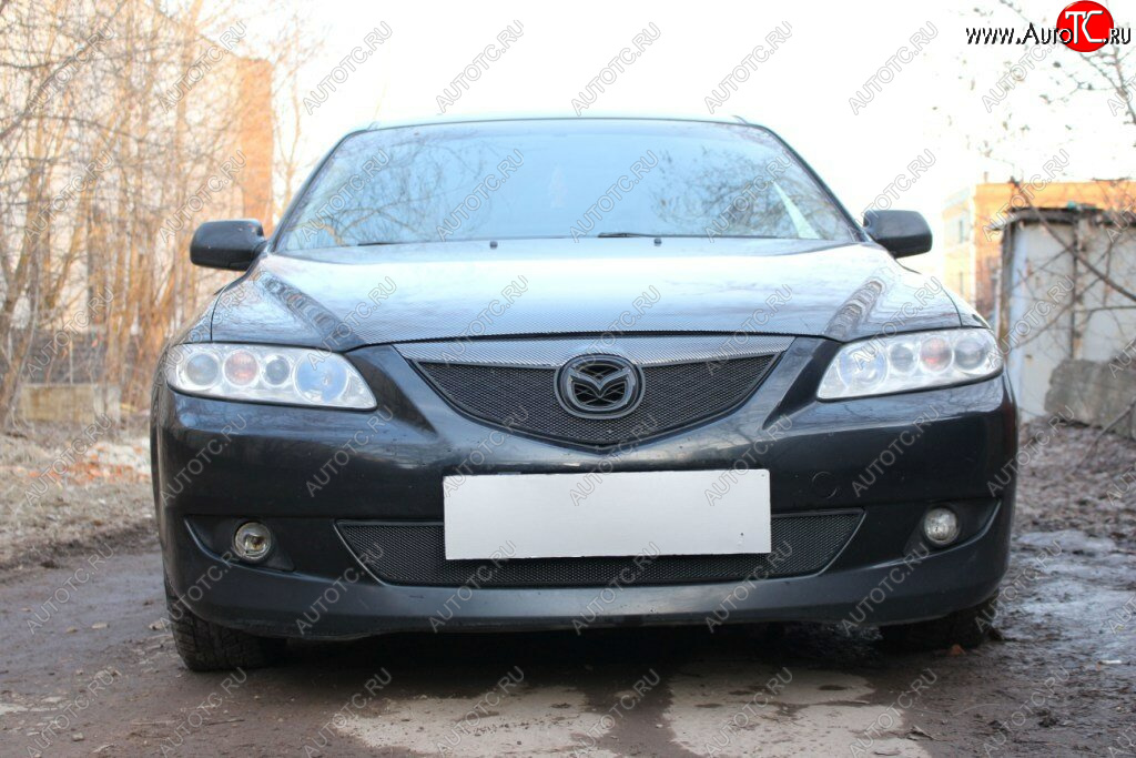 3 099 р. Защитная сетка в бампер (верх, ячейка 3х7 мм) Alfeco Стандарт Mazda 6 GG седан дорестайлинг (2002-2005) (Чёрная)  с доставкой в г. Набережные‑Челны