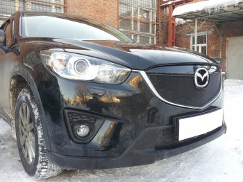 4 099 р. Защитная сетка в бампер (верх, ячейка 3х7 мм) Alfeco Стандарт Mazda CX-5 KE дорестайлинг (2011-2014) (Чёрная)  с доставкой в г. Набережные‑Челны. Увеличить фотографию 3