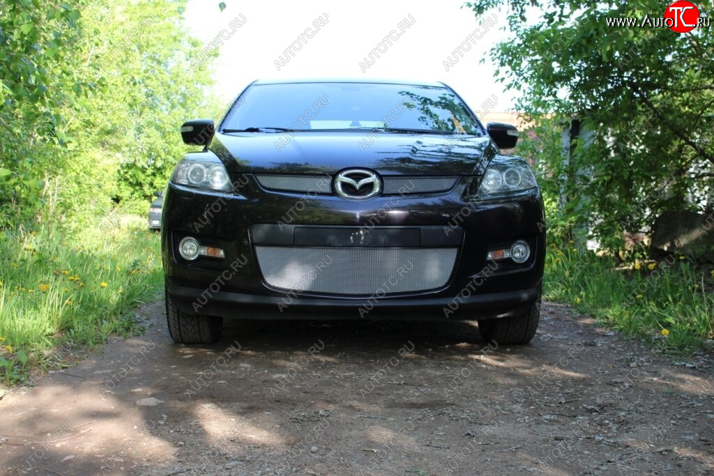 3 399 р. Защитная сетка в бампер (низ, ячейка 3х7 мм) Alfeco Стандарт Mazda CX-7 ER дорестайлинг (2006-2010) (Хром)  с доставкой в г. Набережные‑Челны