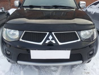 Защитная сетка в бампер (верх, 2 части, ячейка 3х7 мм) Alfeco Стандарт Mitsubishi (Митсубиси) L200 (л)  4 (2006-2014) 4  дорестайлинг  (Чёрная)