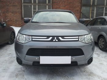 Защитная сетка в бампер (2 части, ячейка 3х7 мм) Alfeco Стандарт Mitsubishi (Митсубиси) Outlander (Аутлэндэр)  GF (2012-2014) GF дорестайлинг  (Чёрная)