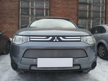 Защитная сетка в бампер (2 части, ячейка 3х7 мм) Alfeco Стандарт Mitsubishi (Митсубиси) Outlander (Аутлэндэр)  GF (2012-2014) GF дорестайлинг  (Хром)