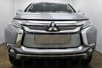 Защитная сетка в бампер (низ, ячейка 3х7 мм) Стрелка11 Стандарт Mitsubishi (Митсубиси) Pajero Sport (Паджеро)  QE (2015-2021) QE дорестайлинг  (Хром)