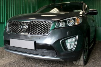 4 299 р. Защитная сетка в бампер (низ, ячейка 4х10 мм) Alfeco Премиум KIA Sorento UM/Prime дорестайлинг (2014-2018) (Чёрная)  с доставкой в г. Набережные‑Челны. Увеличить фотографию 2