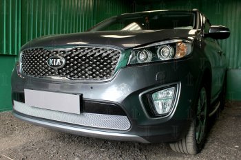 4 499 р. Защитная сетка в бампер (низ, ячейка 4х10 мм) Alfeco Премиум KIA Sorento UM/Prime дорестайлинг (2014-2018) (Хром)  с доставкой в г. Набережные‑Челны. Увеличить фотографию 3