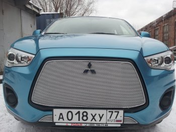 5 999 р. Защитная сетка в бампер (верх, ячейка 4х10 мм) Alfeco Премиум Mitsubishi ASX 1-ый рестайлинг (2013-2016) (Хром)  с доставкой в г. Набережные‑Челны. Увеличить фотографию 4