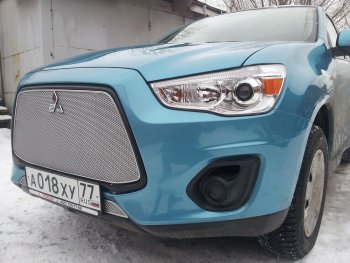 5 999 р. Защитная сетка в бампер (верх, ячейка 4х10 мм) Alfeco Премиум Mitsubishi ASX 1-ый рестайлинг (2013-2016) (Хром)  с доставкой в г. Набережные‑Челны. Увеличить фотографию 3