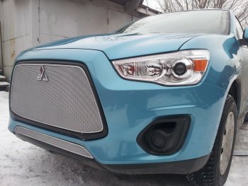 4 299 р. Защитная сетка в бампер (низ, ячейка 4х10 мм) Alfeco Премиум  Mitsubishi ASX (2013-2016) 1-ый рестайлинг (Хром)  с доставкой в г. Набережные‑Челны. Увеличить фотографию 2