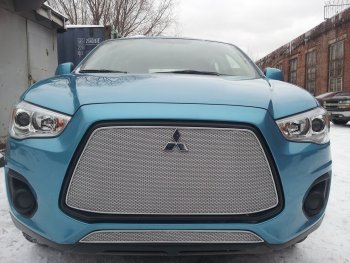 4 299 р. Защитная сетка в бампер (низ, ячейка 4х10 мм) Alfeco Премиум  Mitsubishi ASX (2013-2016) 1-ый рестайлинг (Хром)  с доставкой в г. Набережные‑Челны. Увеличить фотографию 3