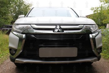 Защитная сетка в бампер (3 части, ячейка 4х10 мм) Alfeco Премиум Mitsubishi (Митсубиси) Outlander (Аутлэндэр)  GF (2015-2018) GF 2-ой рестайлинг  (Чёрная)